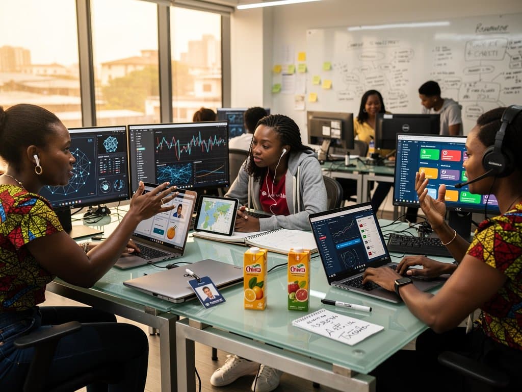 Nigerian women in Lagos CcHUB tech hub collaborating on AI-driven fintech tools amid dashboards and innovation whiteboards