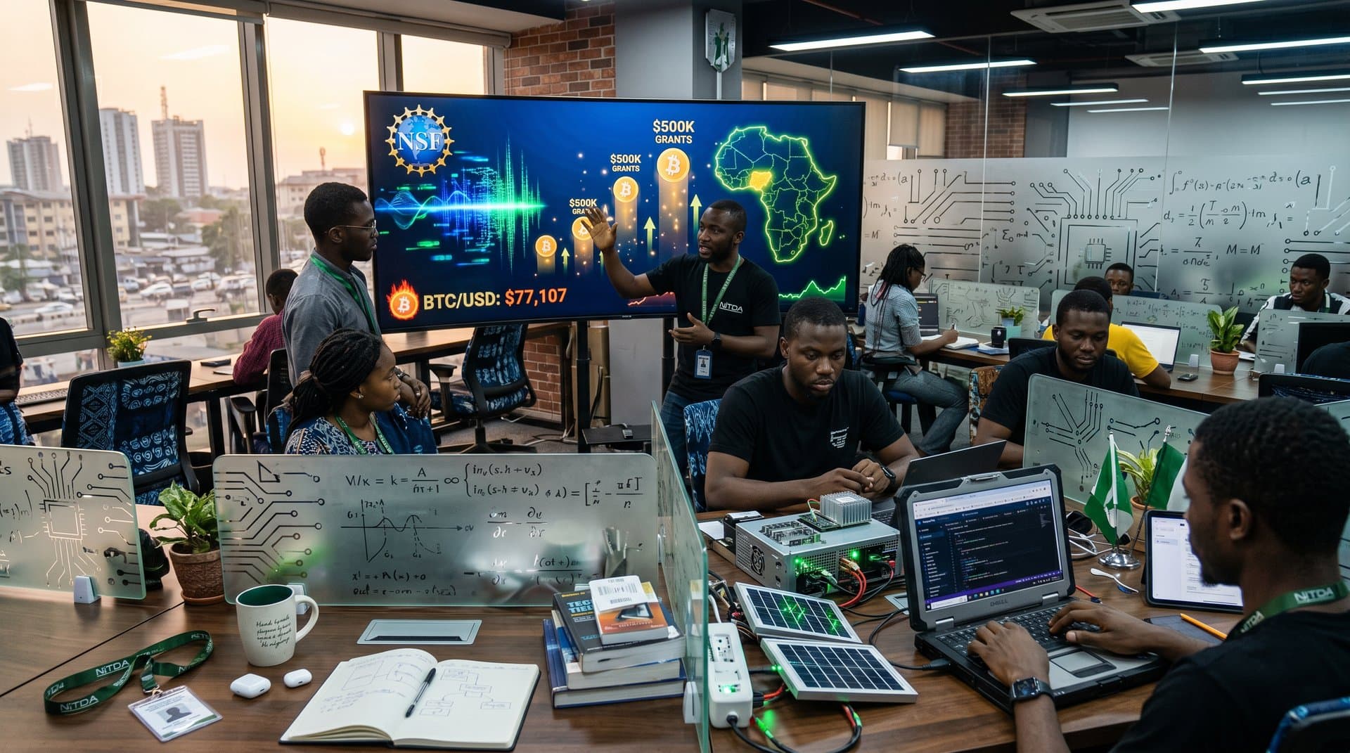 NSF AI-Ready America webinar screen in Lagos hub with AI grants, BTC charts, and Nigeria map.