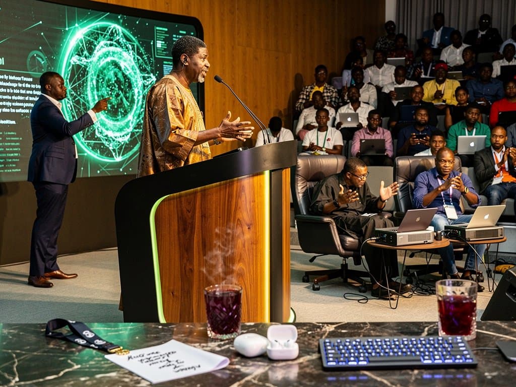 Lagos CcHub AI conference stage with neural screens, Nigerian moderator, founders audience in modern hall overlooking skyline