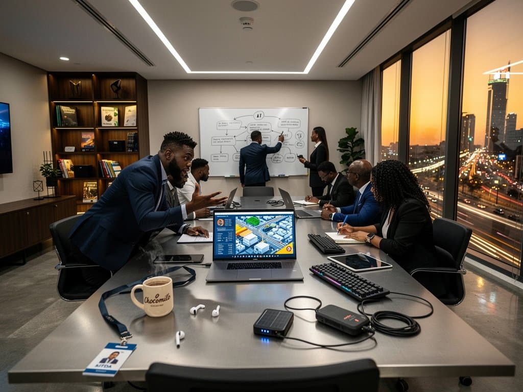 Lagos team discusses Midland AI regulation blueprint with smart city visuals and NITDA policy diagrams over Eko Atlantic view