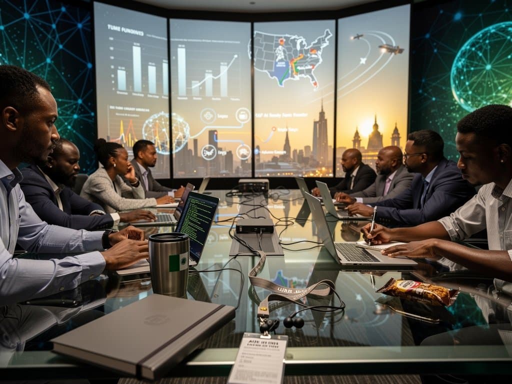 NSF AI-Ready Webinar screen with funding charts, US-Nigeria AI maps in Lagos-inspired conference room