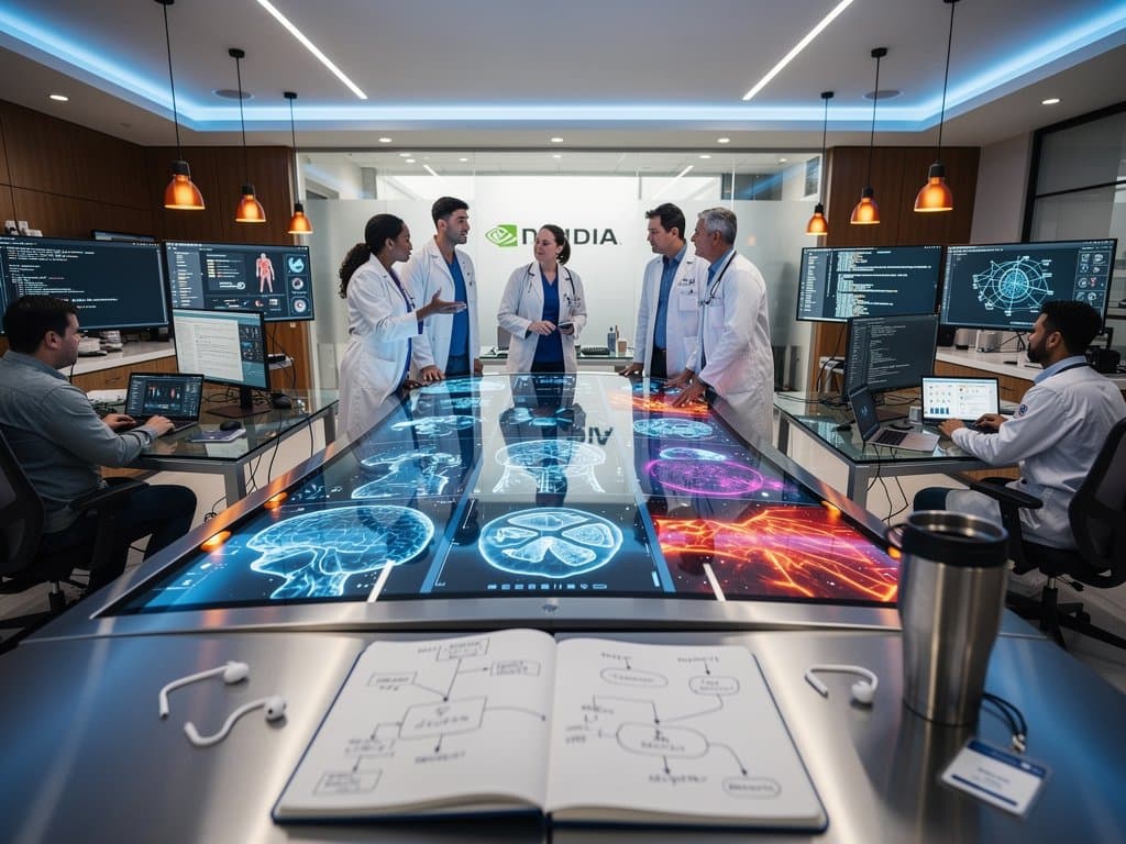 Abstract view of AI diagnostics lab with screens displaying patient scans, heatmaps, code, and GPU servers in a modern tech environment