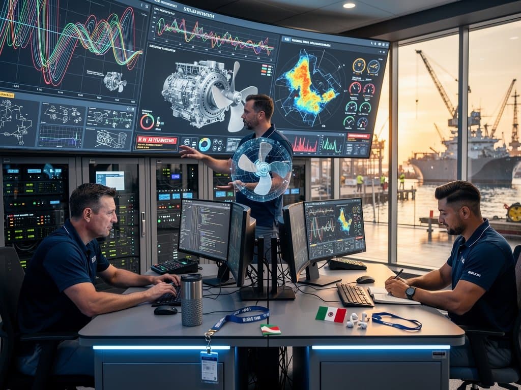 AI dashboards show predictive machinery health metrics in NSWCPD naval control room (78 chars)