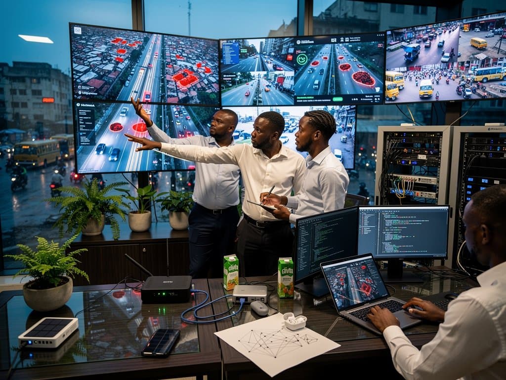 Nigerian engineers analyze AI road maps on screens in Lagos tech hub amid traffic data visualizations