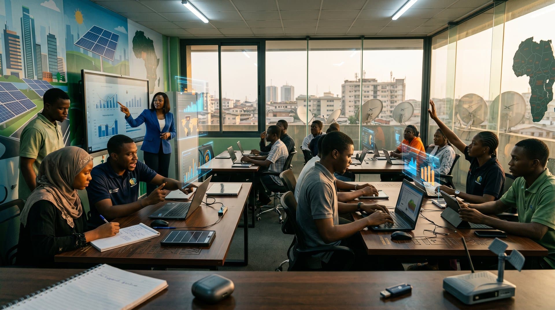 Futuristic Lagos classroom with AI dashboards and fintech training visuals under solar power