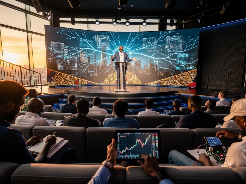 AI infrastructure webinar screen with charts in modern auditorium