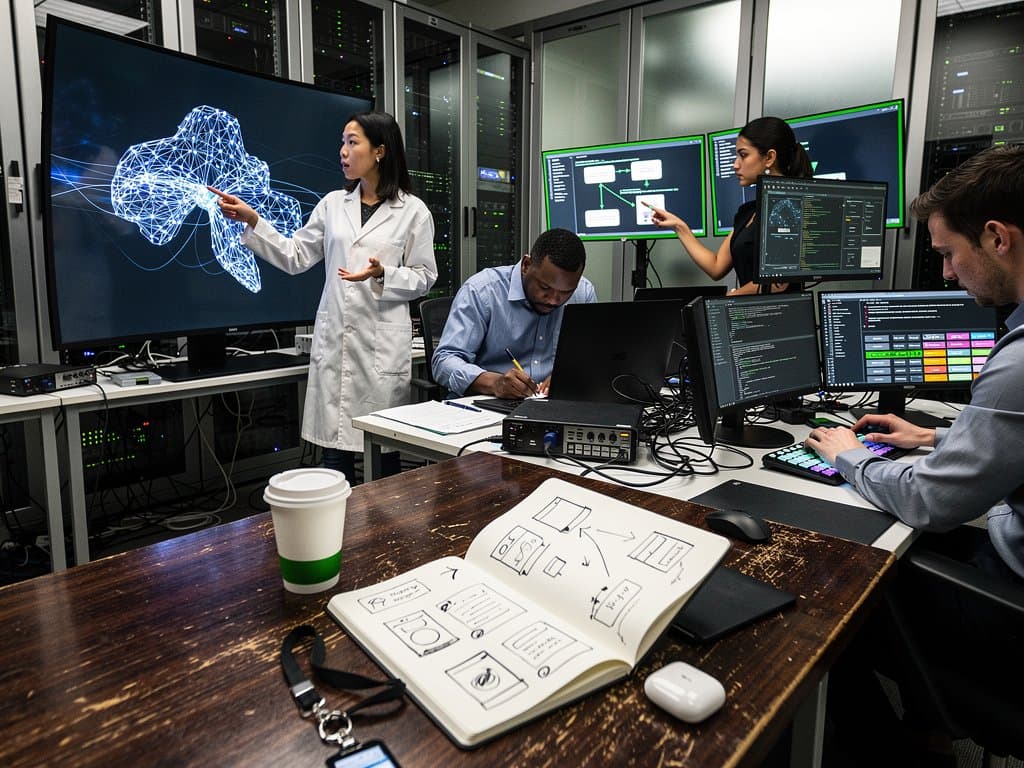 Abstract researchers in UVA-style lab view AI ethics dashboards, neural networks, and fintech compliance tools on screens amid modern tech workspace
