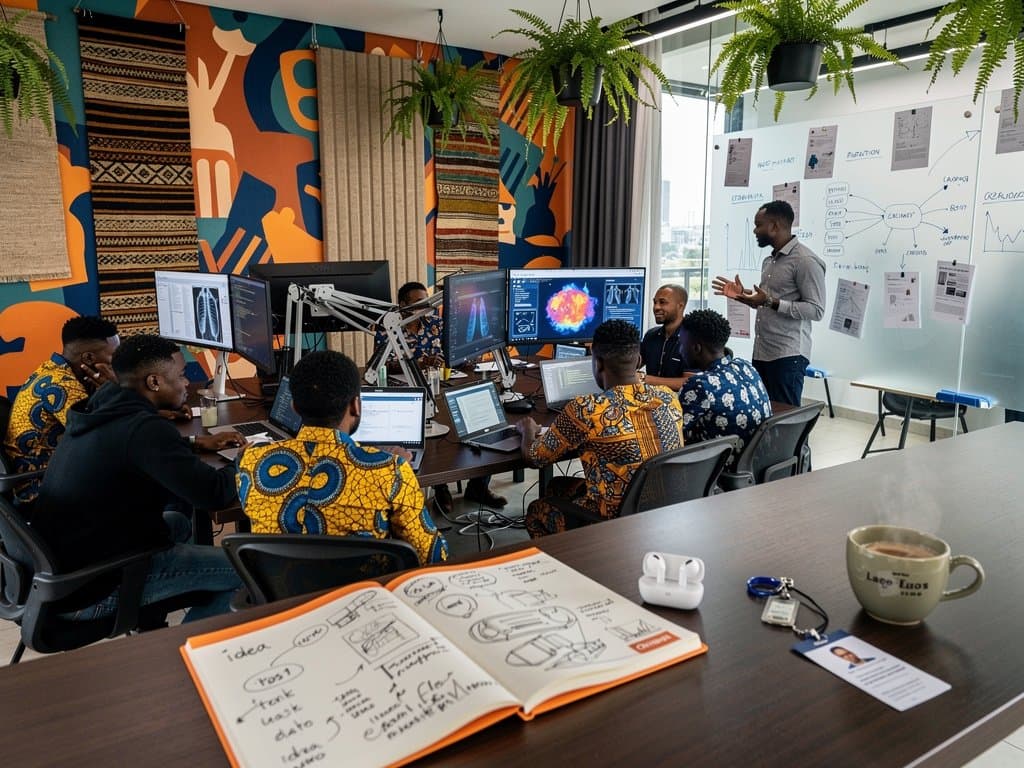 Lagos tech hub with AI medical diagnostics on screens amid Nigerian innovation decor