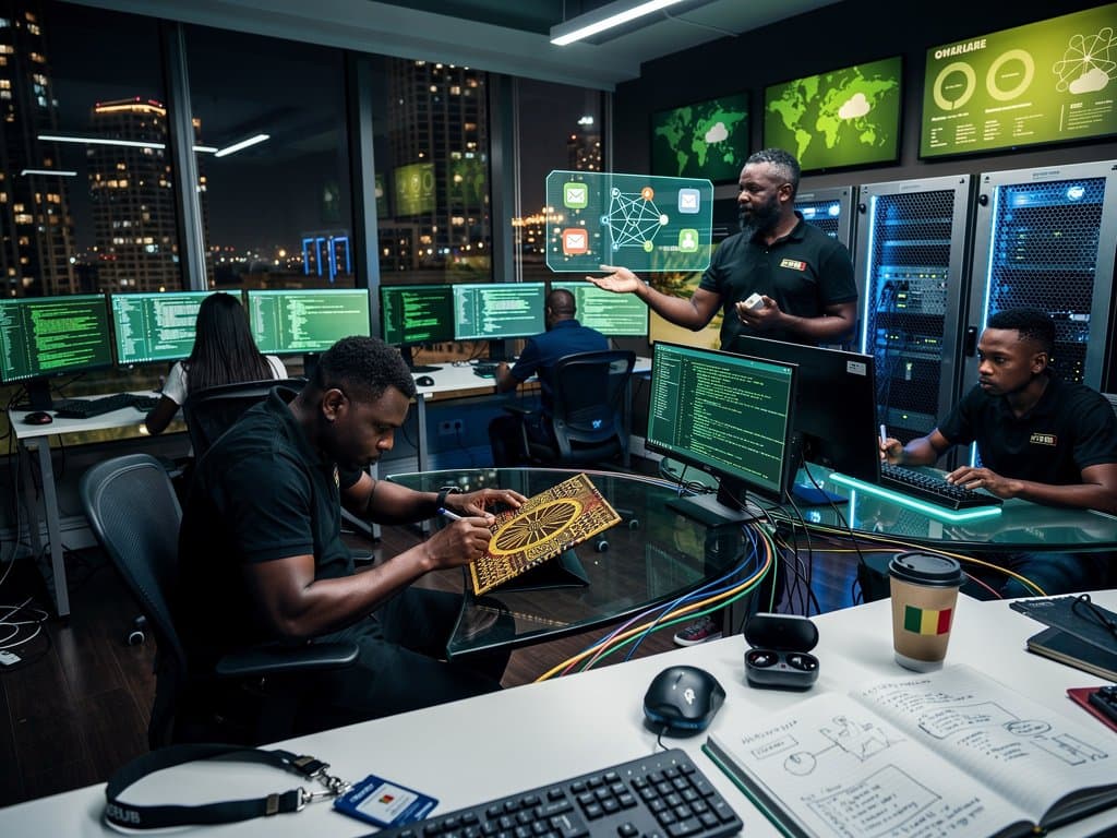 Glowing CLI terminals, server racks, and API visuals in a futuristic Nigerian cloud data center