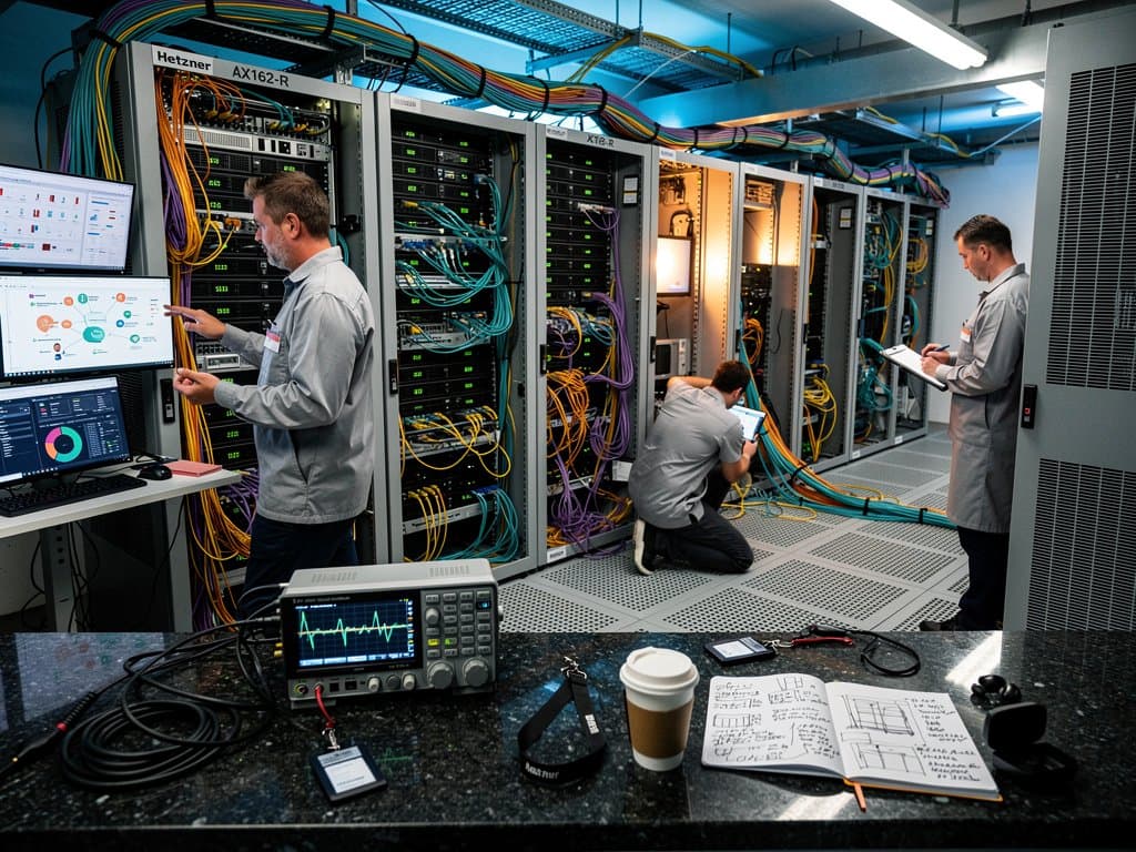 Hetzner AX162-R servers in modern data center with glowing racks, fiber cables, and Africa latency graphs under LED lights