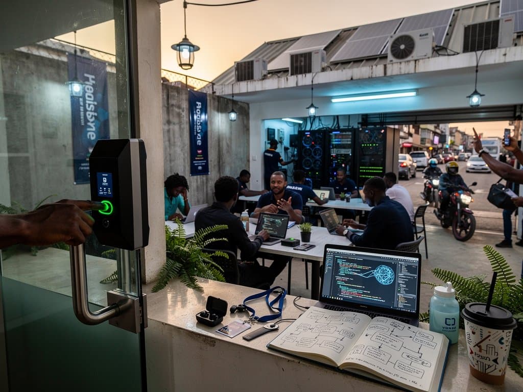 Lagos tech hub biometric door at CcHUB, laptops with AI code under solar lights, NITDA banners and servers in background