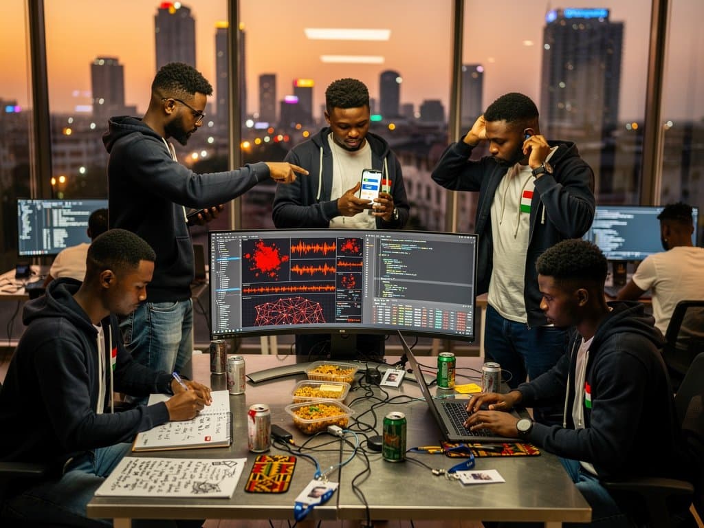 Nigerian engineers monitor deepfake detection in Lagos tech hub with screens showing bot networks and glowing server infrastructure