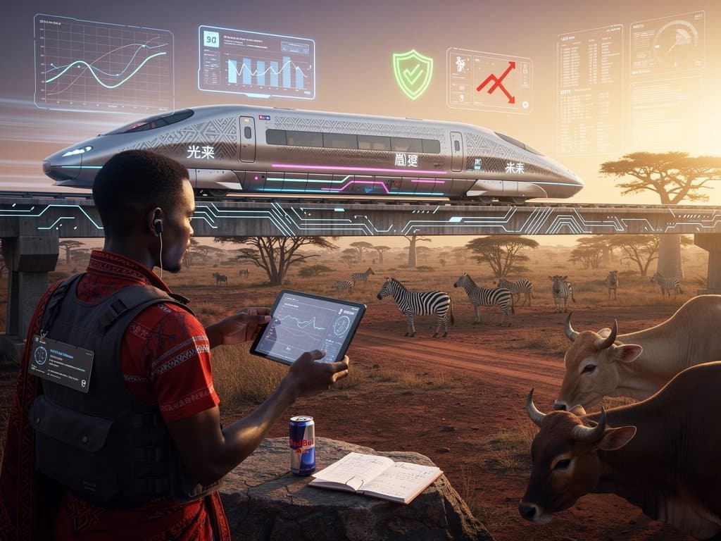 Futuristic AI-controlled railway with cybersecurity overlays speeding through African landscape