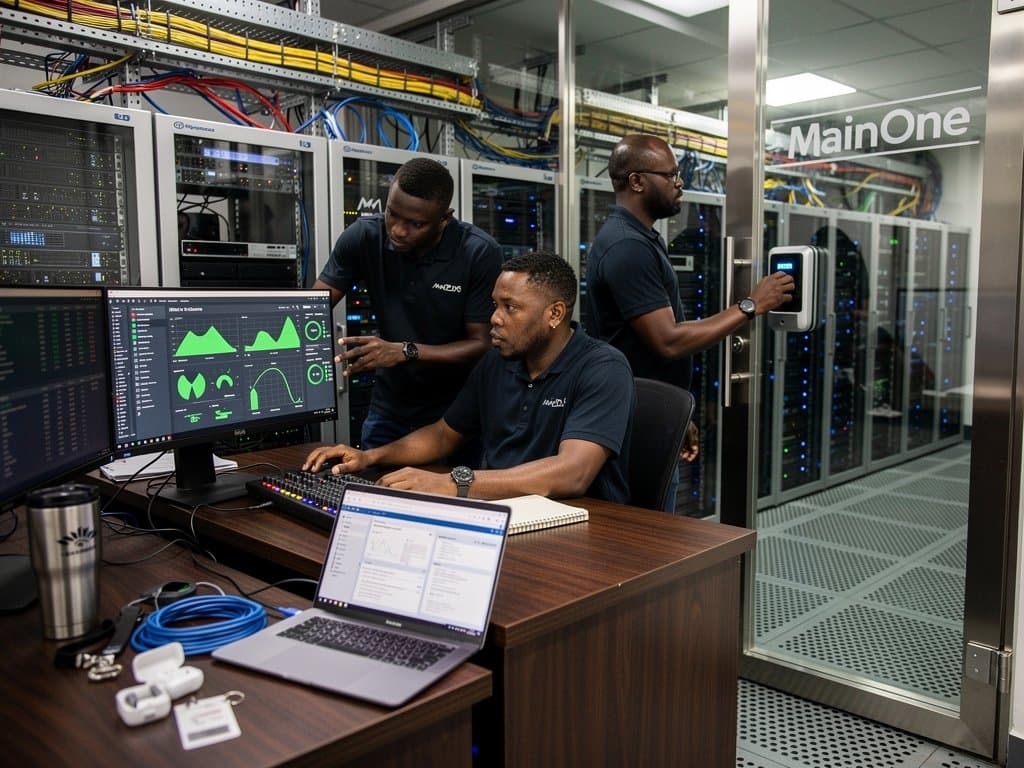 Server racks and monitors display Postgres PgQue dashboards in Lagos data center amid glowing LEDs and infrastructure