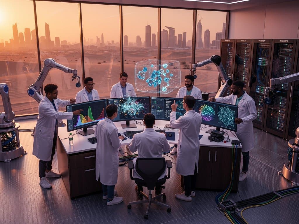 UAE MBZUAI AI lab: neural networks, GPUs, skyline, innovation hub (58 chars)