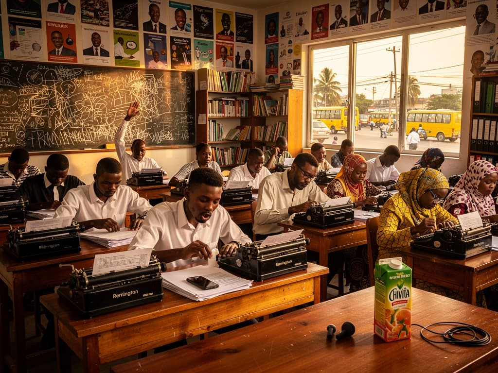 Nigerian classroom with students typing on vintage typewriters amid Lagos city view