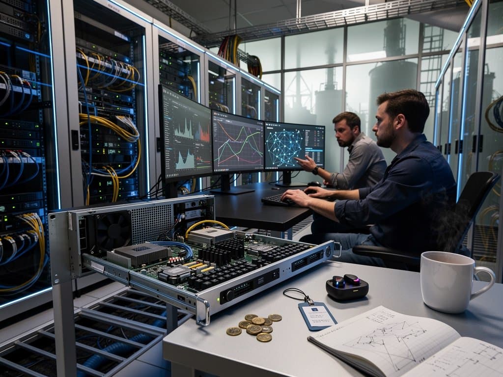 Server racks and engineers in modern German data center with LED lights, monitors displaying dashboards, and cooling infrastructure