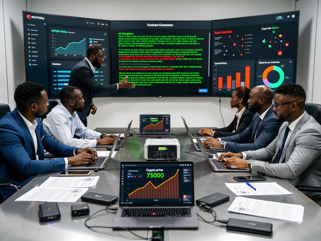 AI-driven legal contract analysis on screen in modern Lagos tech conference room with fintech charts and city skyline