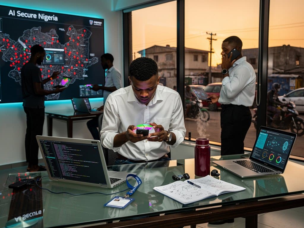 Nigerian AI founder checks security app in Lagos tech hub amid threat maps and city lights