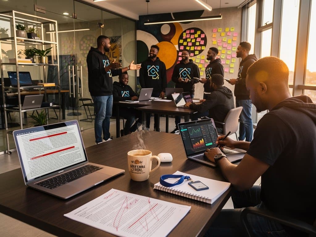 Laptop screen with ChatGPT dashes highlighted in Lagos tech co-working space amid fintech charts