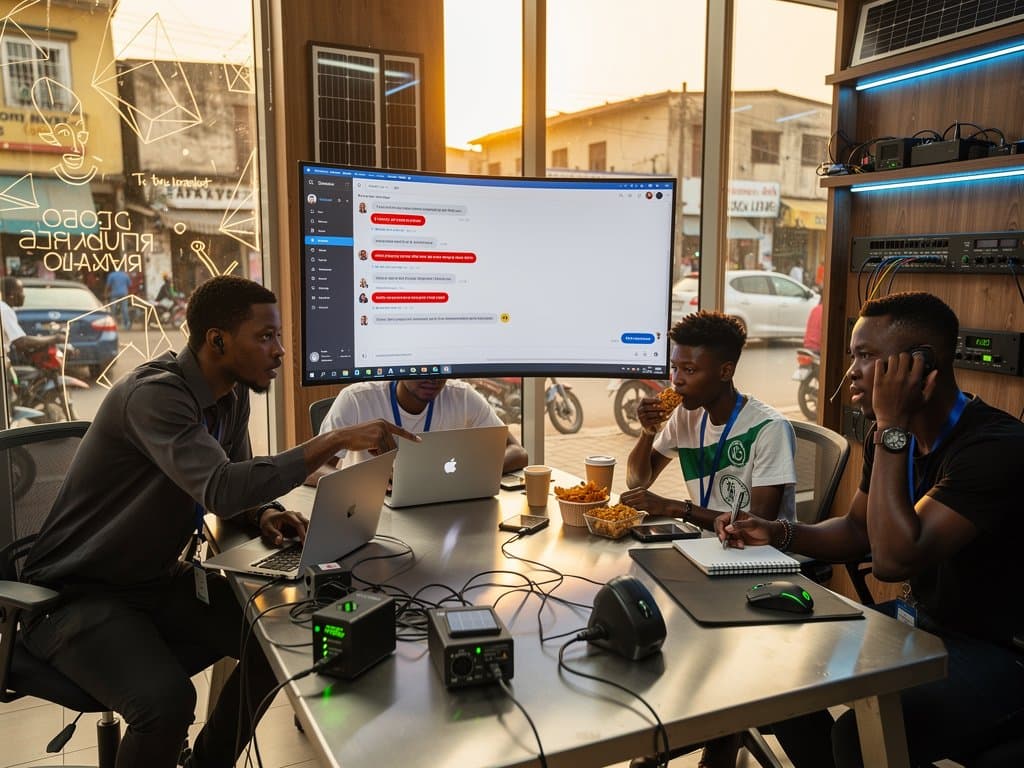 Lagos tech creators analyze ChatGPT em-dash patterns on monitor in Yaba co-working space amid power backups and local innovation vibes