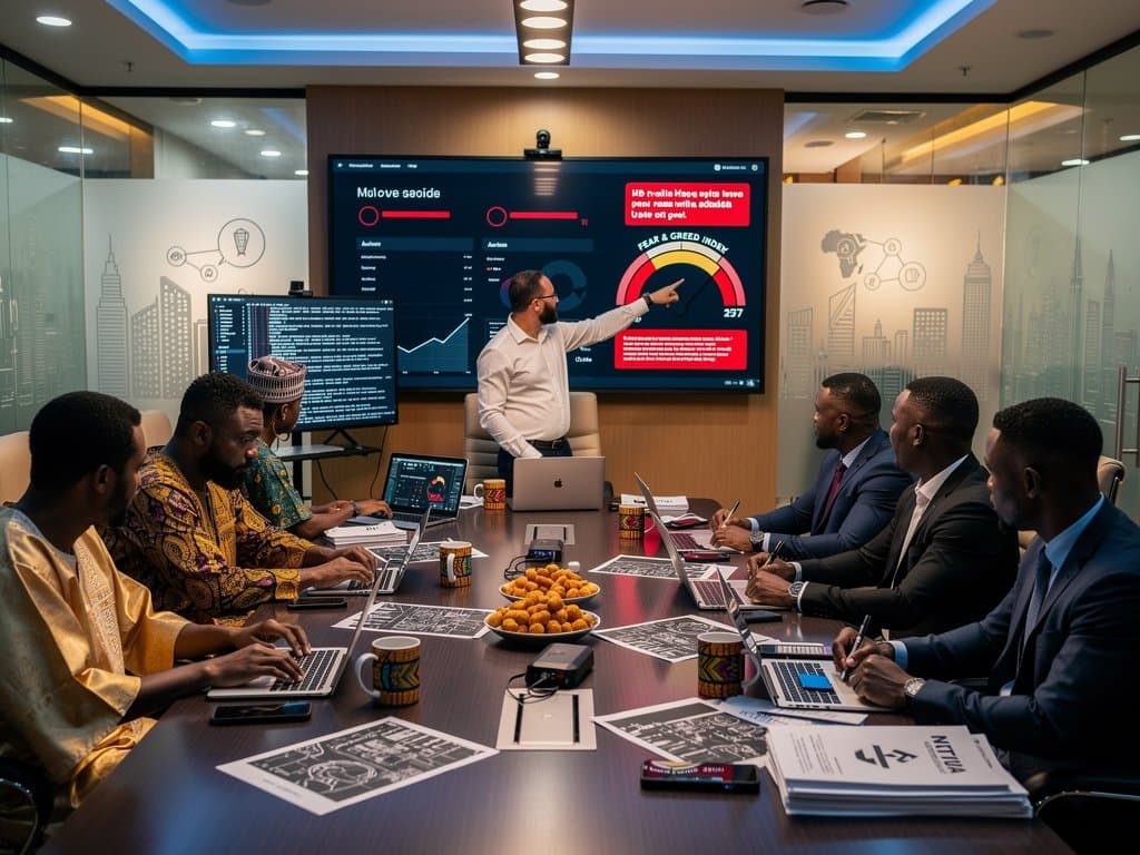 Lagos conference room with pitch deck highlighting ChatGPT dashes, detectors, market charts, and investor setup
