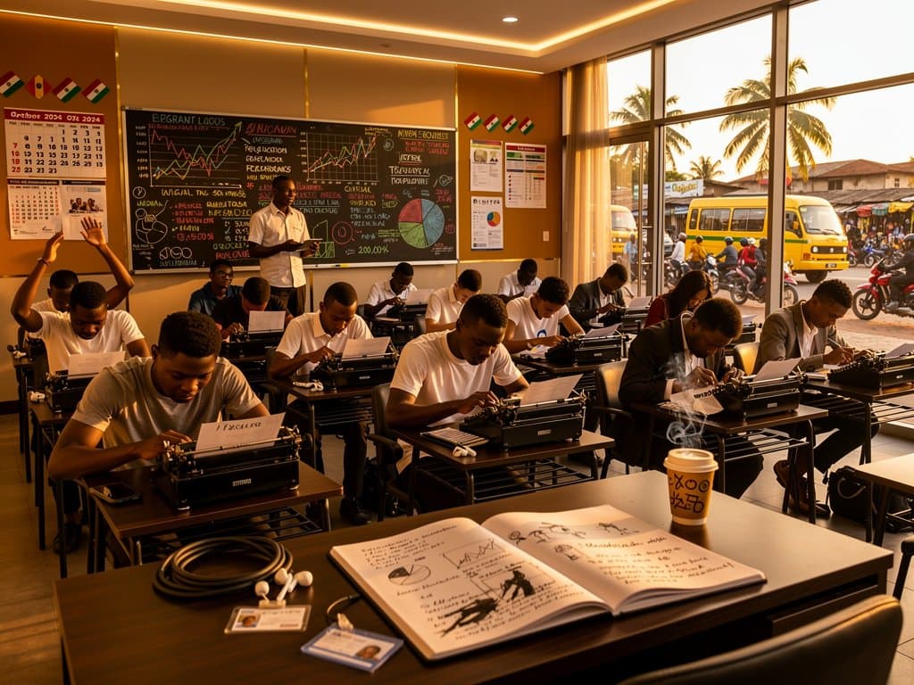 Typewriters on desks in Nigerian classroom with BTC charts on chalkboard amid EdTech anti-cheating efforts