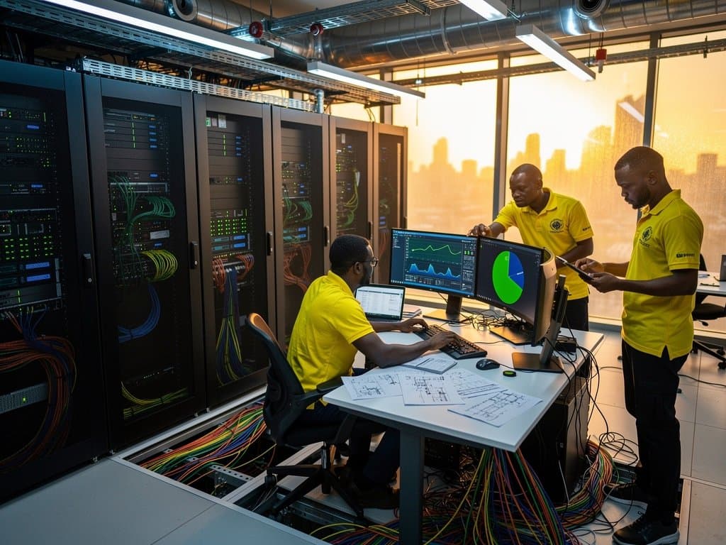 Engineers manage IPv6 networks in Lagos Tier IV data center with server racks and fiber cables