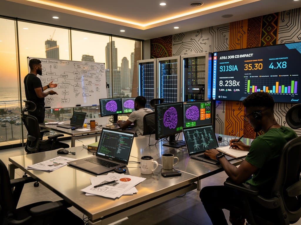 Lagos tech hub team analyzes AI fintech models on multi-monitors amid collaborative innovation and glowing servers