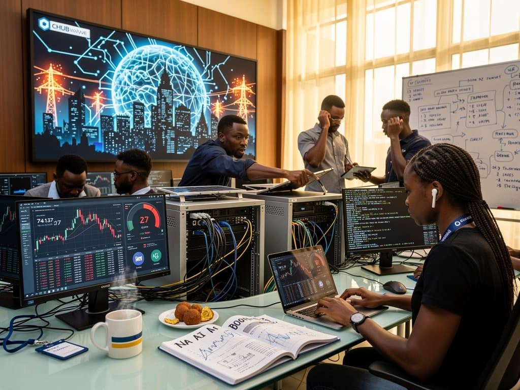 AI neural network over Lagos tech hub with power flickers, Bitcoin charts, and Fear Index gauge