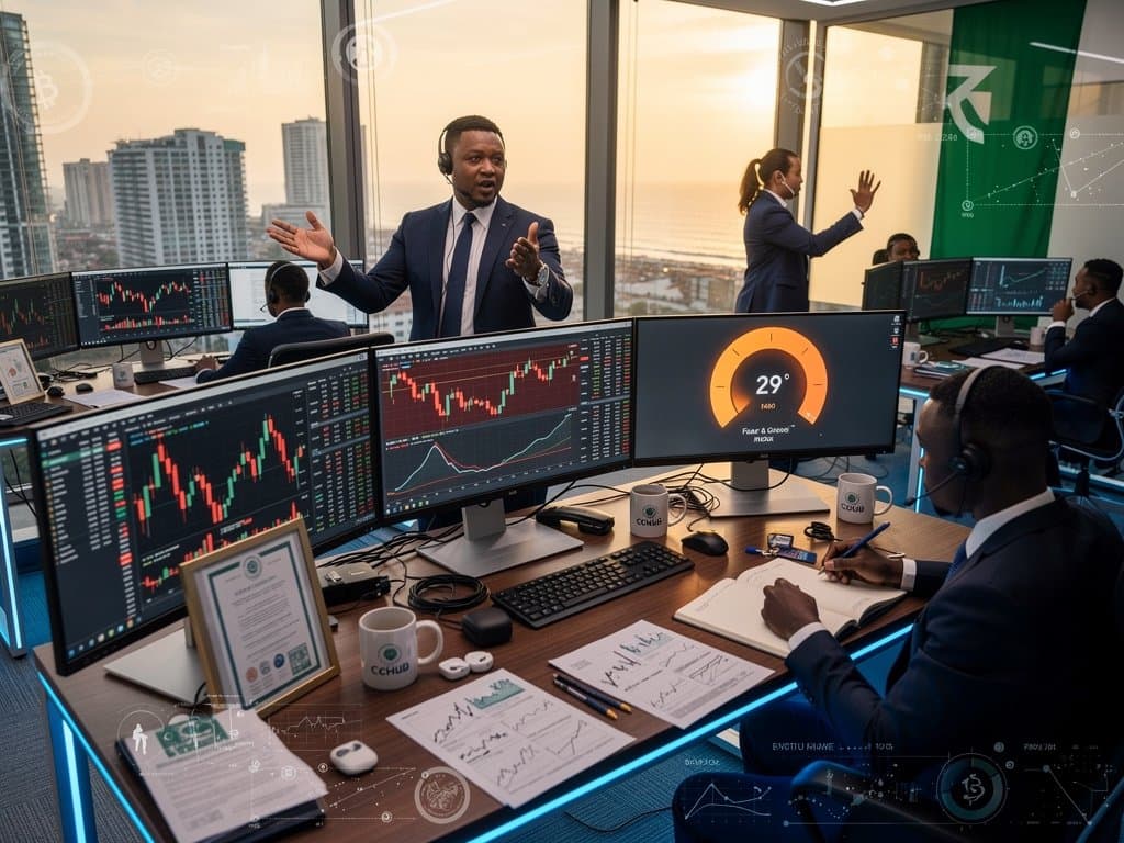Lagos trading floor monitors crypto stocks amid BTC dip and MarketBeat charts