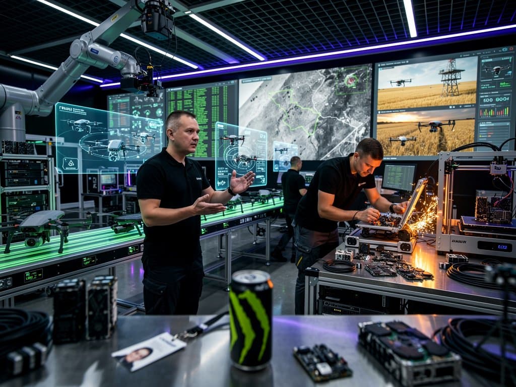 Kyiv drone factory assembly line with AI-equipped drones, swarm holograms, and Nigerian agritech overlays under blue lighting