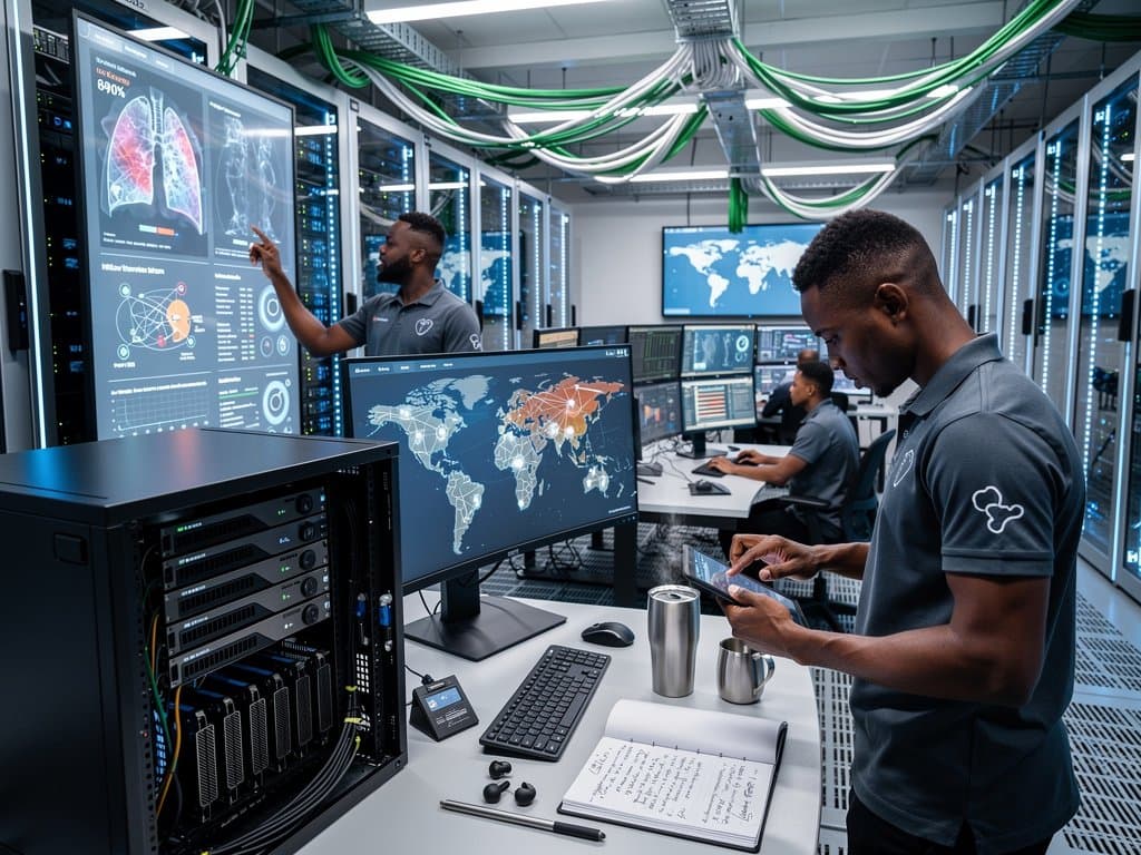 Engineers monitor medical AI workloads amid server racks in AWS Johannesburg data center