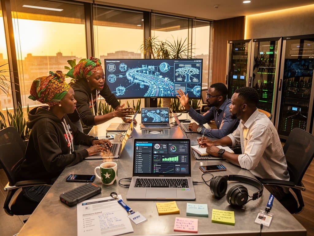 Lagos tech developers review AI self-regulation risks on screens amid cloud dashboards, Nigerian skyline, and solar infrastructure