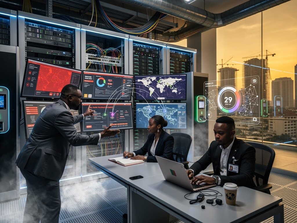 Cybersecurity team in Lagos Tier IV data center monitors Mythos AI blacklist threats with dashboards, server racks, and city skyline
