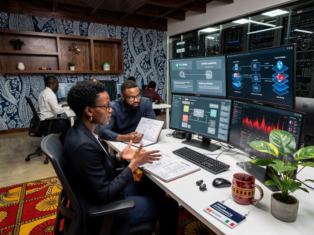 Lagos tech hub screens show AI agent identity management diagrams amid server racks and African decor