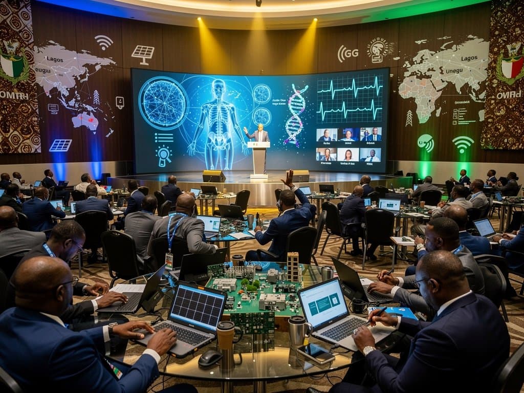 Abstract scene of Southeastern AI Healthcare Conference in Owerri, Nigeria, with AI medical visuals and tech innovation discussions