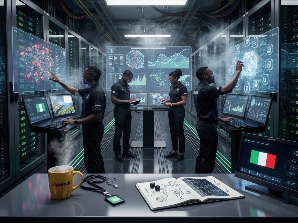 Lagos data center with AI cybersecurity dashboards and server infrastructure