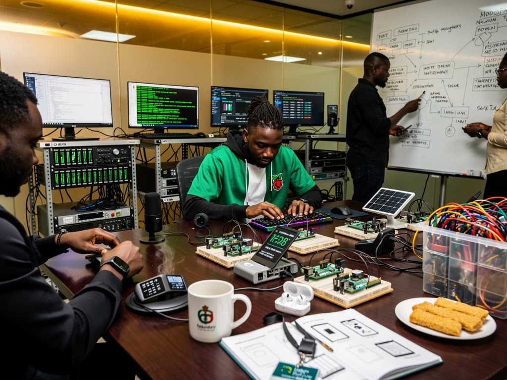 Lagos university tech lab with Raspberry Pi AI prototypes, solar sensors, crop monitoring code on monitors, wearables, and servers in warm lighting