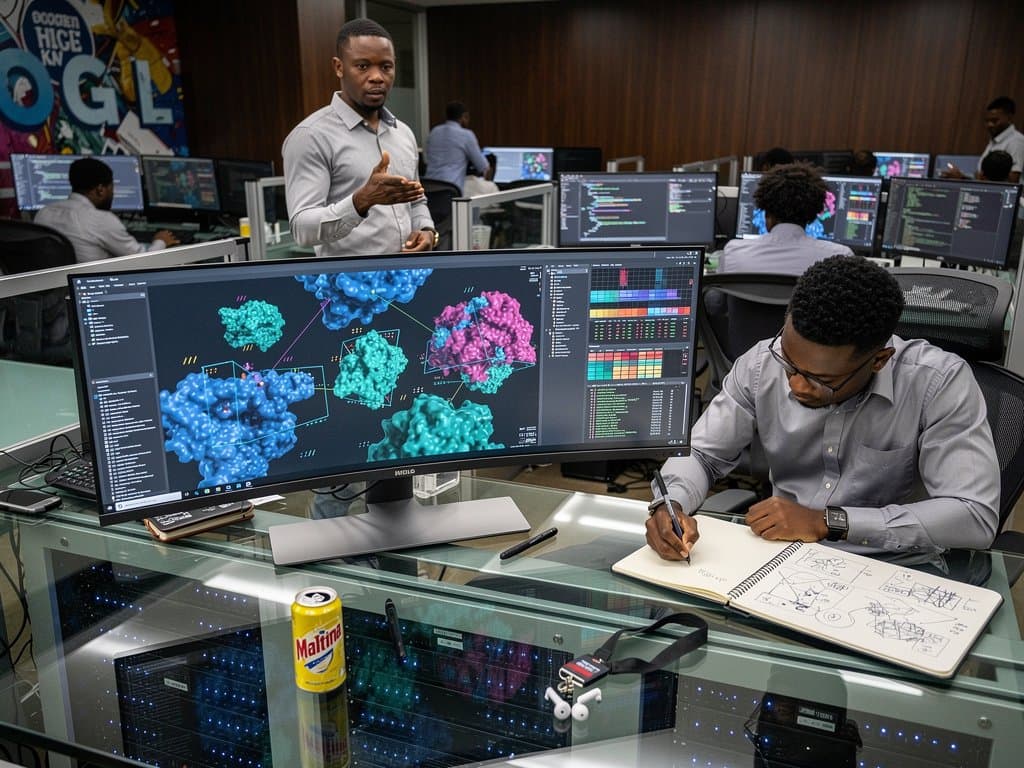 Lagos tech hub team analyzes AI-generated 3D protein structures for malaria drug targets on screens in modern African innovation workspace