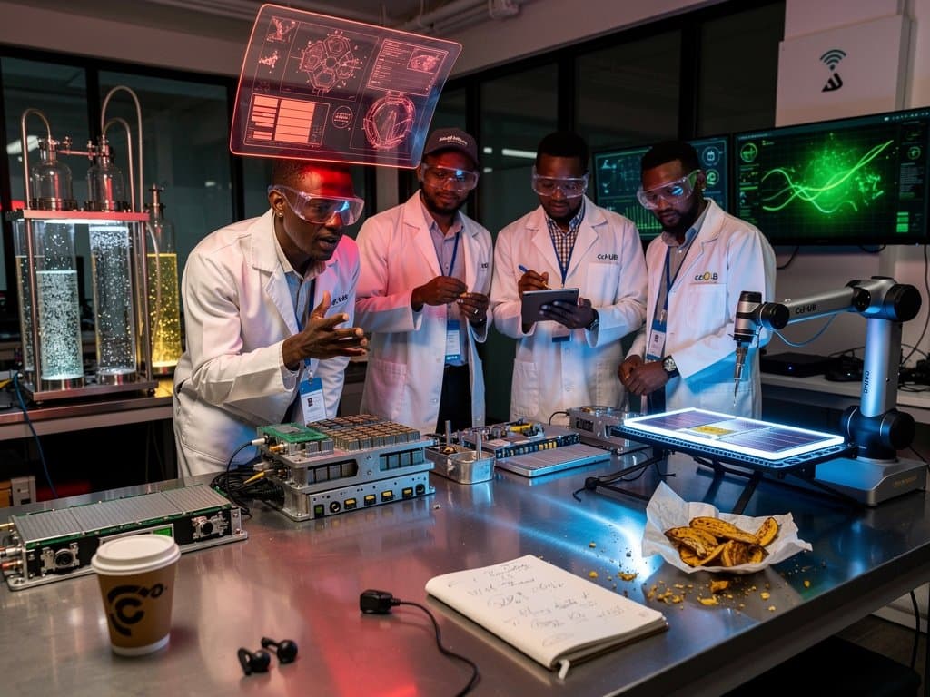 Lagos tech hub lab with robotic arms and AI screens optimizing EV battery production amid urban skyline