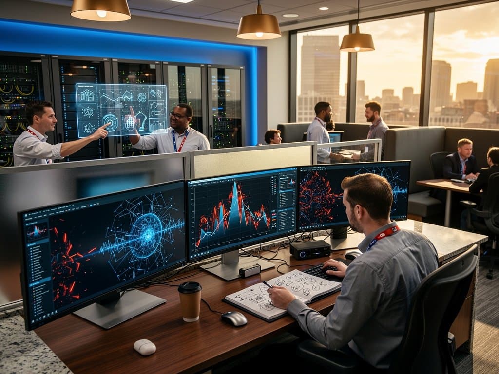 AI cybersecurity center in Charlotte with threat maps on screens amid server racks and collaboration areas