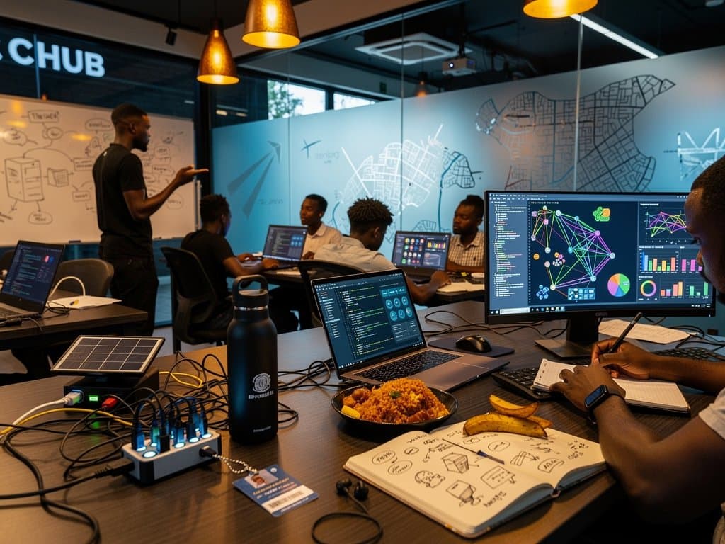 Lagos CcHUB tech hub with developers working on AI models for Nigeria fintech under modern lighting