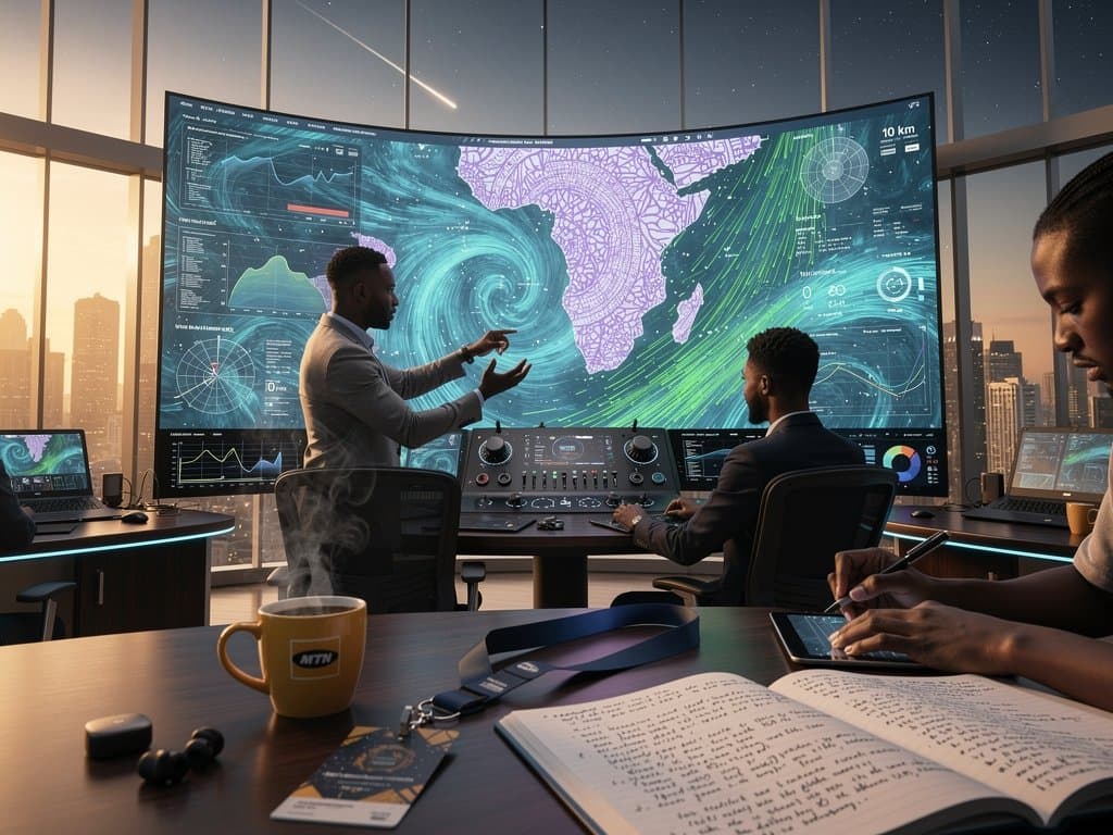 Satellite AI visualization of ocean currents off Nigeria coast with neural network overlays