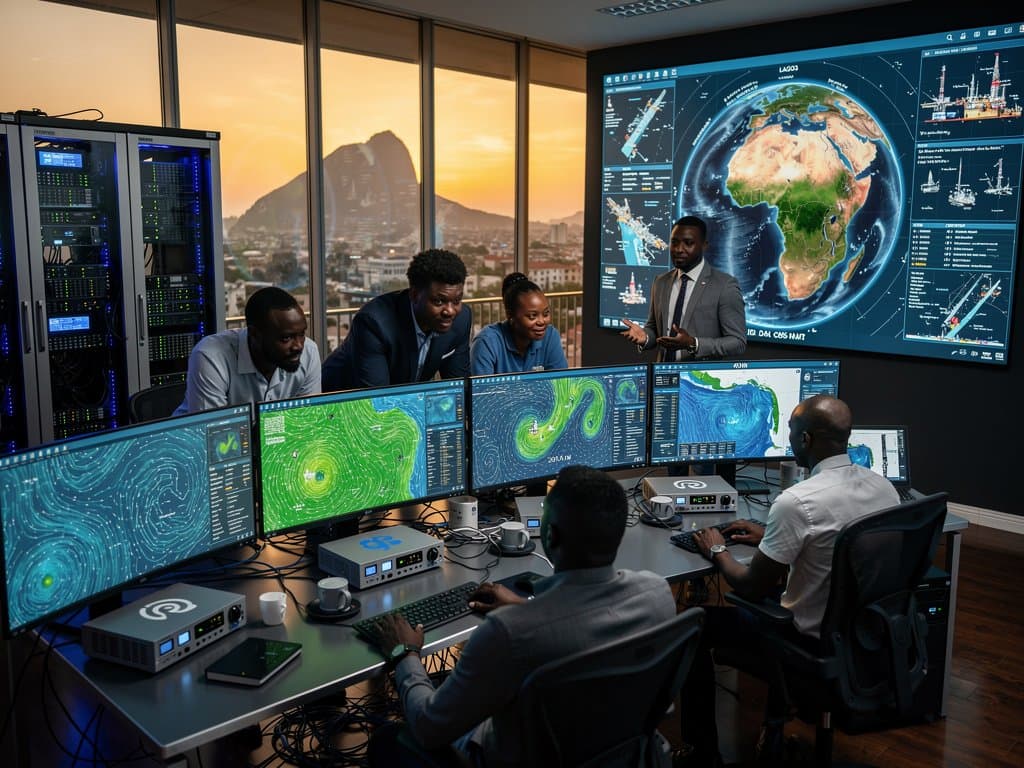 Nigerian mission control analyzes satellite AI ocean mapping of Gulf currents on advanced monitors