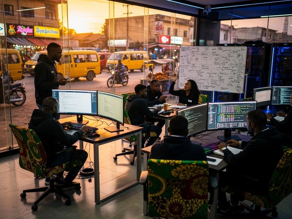 Lagos Yaba tech hub with AI chatbot interfaces, cloud dashboards, handwritten code notes in vibrant Nigerian workspace