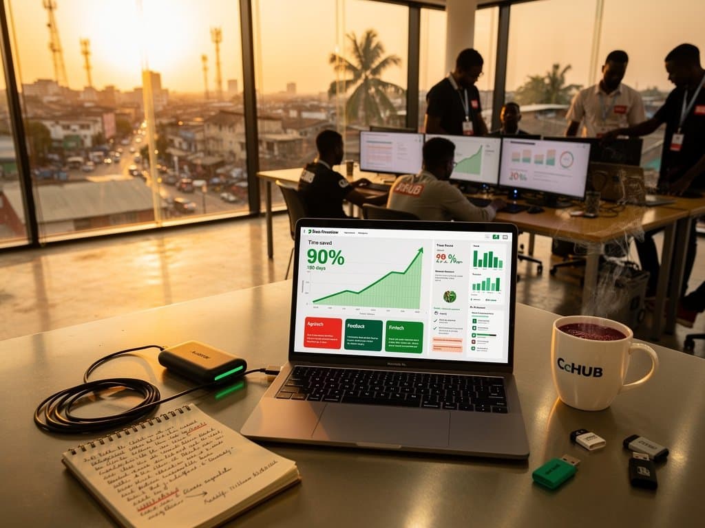 Lagos tech hub team reviews AI-powered peer review dashboards on curved monitors amid collaborative innovation space