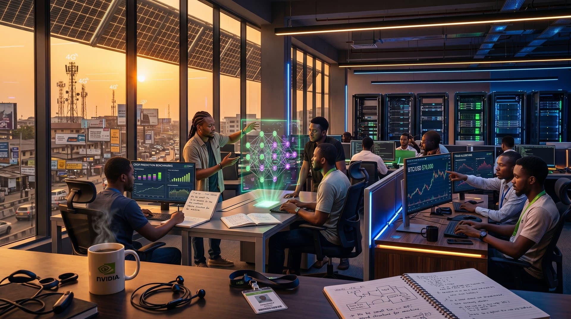 Futuristic Lagos tech hub with AI servers, neural networks, and BTC charts representing Qwen3.6-Max-Preview for Nigerian innovation