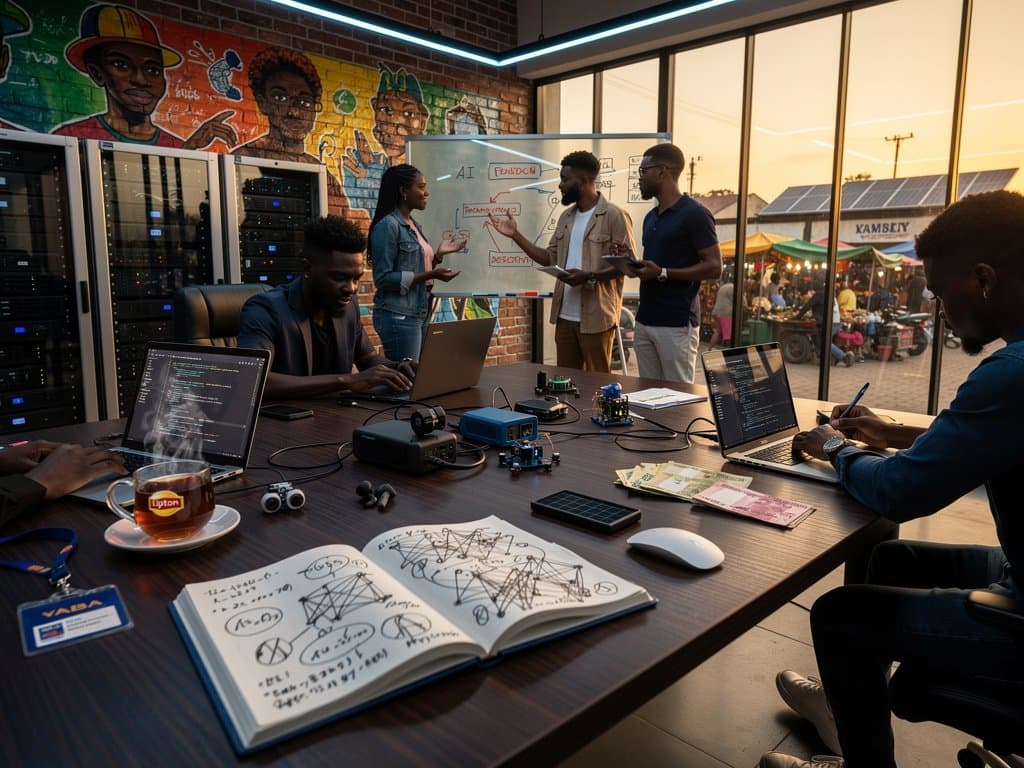 Young innovators collaborate on AI code in a bustling Lagos tech hub with whiteboards, servers, and solar-powered setups amid vibrant urban backdrop