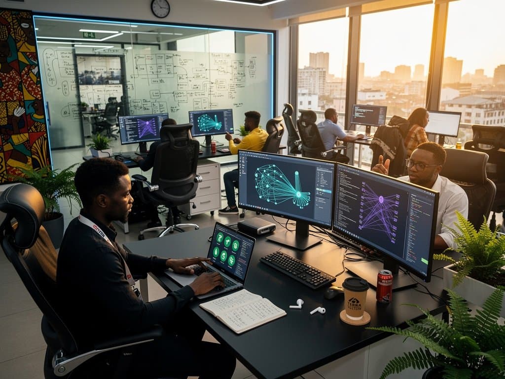 Laptop dashboard verifies AI inference providers in Lagos tech hub amid benchmarks and policy docs